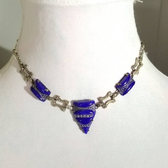 Relisted-Vintage Art Deco necklace blue glass silver tone choker - Picture 3 of 17